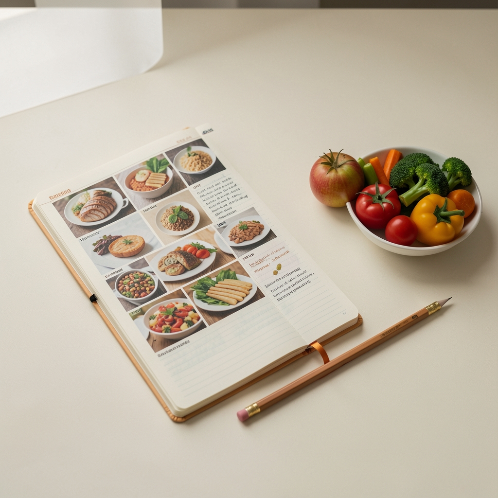 Open food diary notebook on a pale surface with a pencil and a small dish of seasonal vegetables, soft diffused natural light